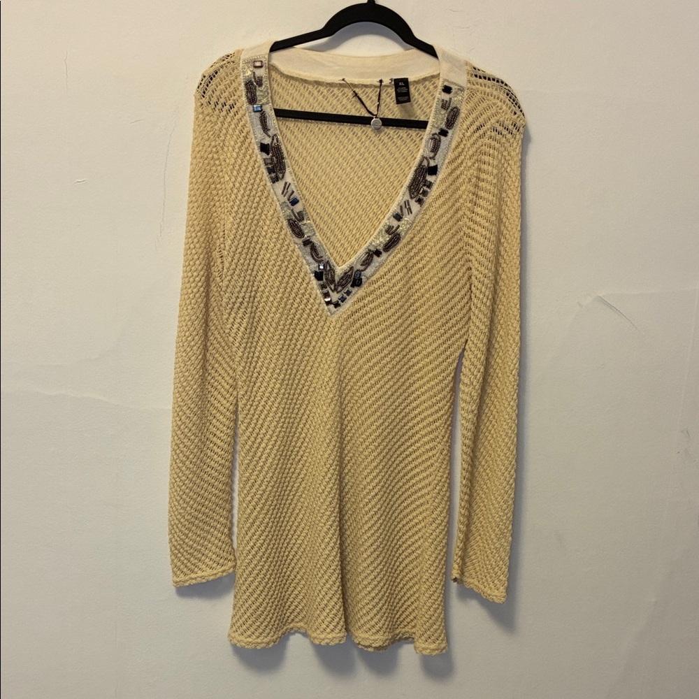EUC BKE Cream Open-Knit Crochet V-Neck Sweater Dress/Tunic  XL
